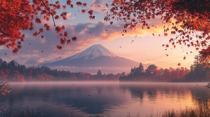 A peaceful lakeside with Mount Fuji in the background, covered in morning fog, framed by the deep reds and oranges of autumn leaves.
