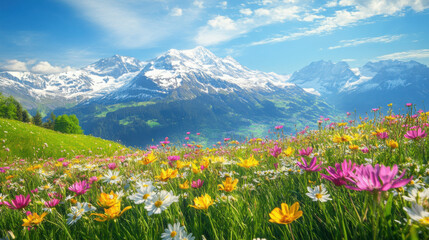 Fototapeta premium A stunning view of the Alps with snow-capped peaks and vibrant wildflowers in full bloom on a sunny spring day.