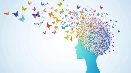A woman&rsquo;s silhouette is filled with vibrant butterflies, representing ideas and emotional growth in a creative context