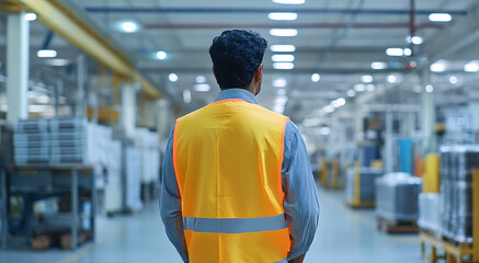 An Indian production manager wearing a protective vest monitors production processes at a factory.
