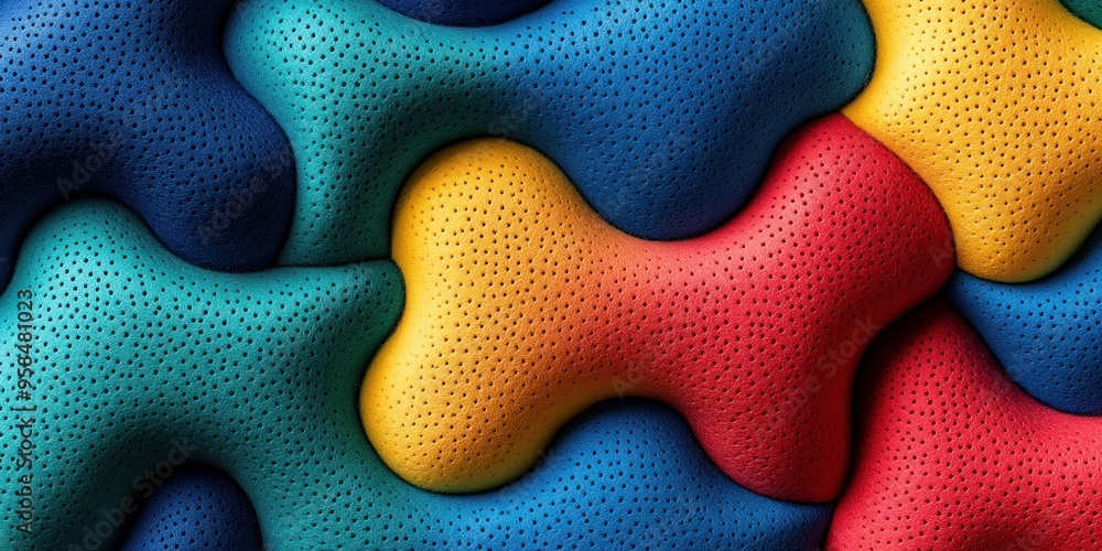 Poster abstract shapes in bright colors form an engaging pattern, demonstrating a dynamic interplay of text