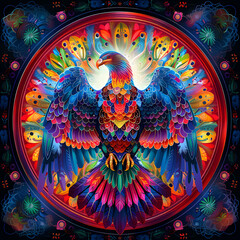 very bright and colorful mandala,very detailed high quality,object in center,eagle whole body