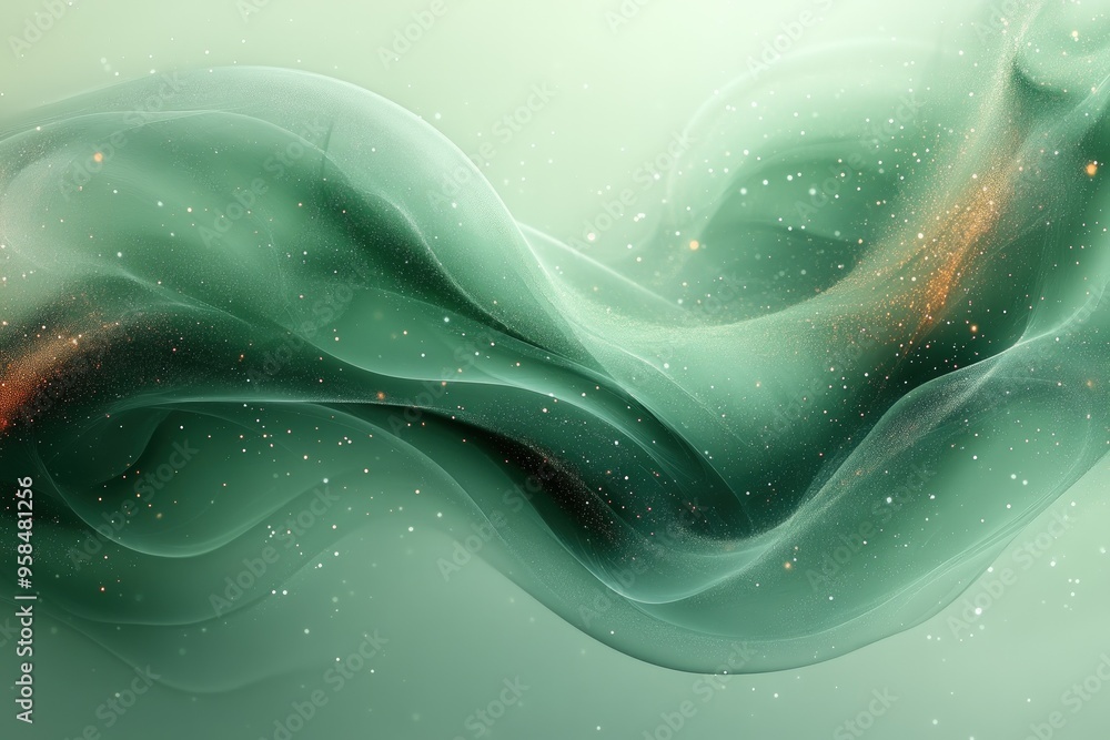 Poster abstract green and gold flowing background with sparkling particles.