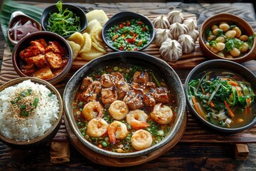 Delicious Traditional Korean Feast with Grilled Meat, Shrimp Soup, Kimchi, and Fresh Vegetables