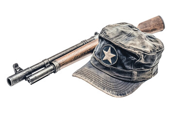 Obraz premium Vintage military cap with star emblem and antique rifle. Rustic and historical, evoking a sense of old-fashioned military gear and history.