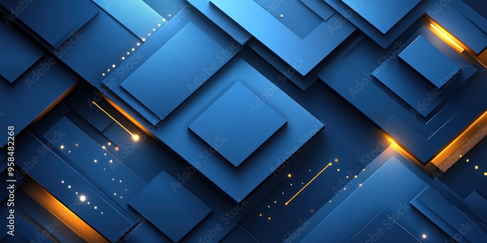 Poster a collection of layered blue geometric shapes with golden highlights creating a striking modern visu