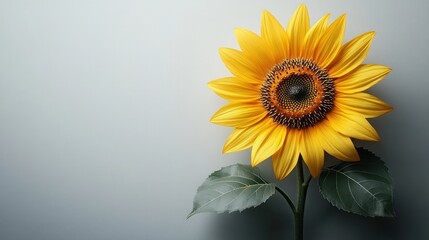 Obraz premium A vibrant sunflower stands tall against a soft gray background, its petals shining brightly in the daylight