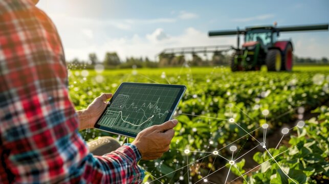 Technology in farming, with farmers using cloud-based data analysis - Powered by Adobe