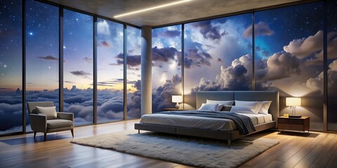 Modern bedroom with large window overlooking cloudy night sky , bedroom, modern, window, night, cloudy, sky, interior