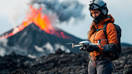 A volcanologist in protective gear operates a drone to monitor volcanic activity, standing on rugged terrain with an erupting volcano in the background