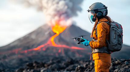 A volcanologist in protective gear operates a drone to monitor volcanic activity, standing on rugged terrain with an erupting volcano in the background