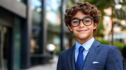 Obraz premium A young boy with curly hair and glasses stands outside, dressed in a sharp suit, radiating confidence and joy