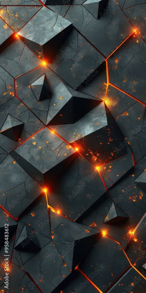 Poster black background with red light, low polygon style, black abstract pattern made of triangular shapes