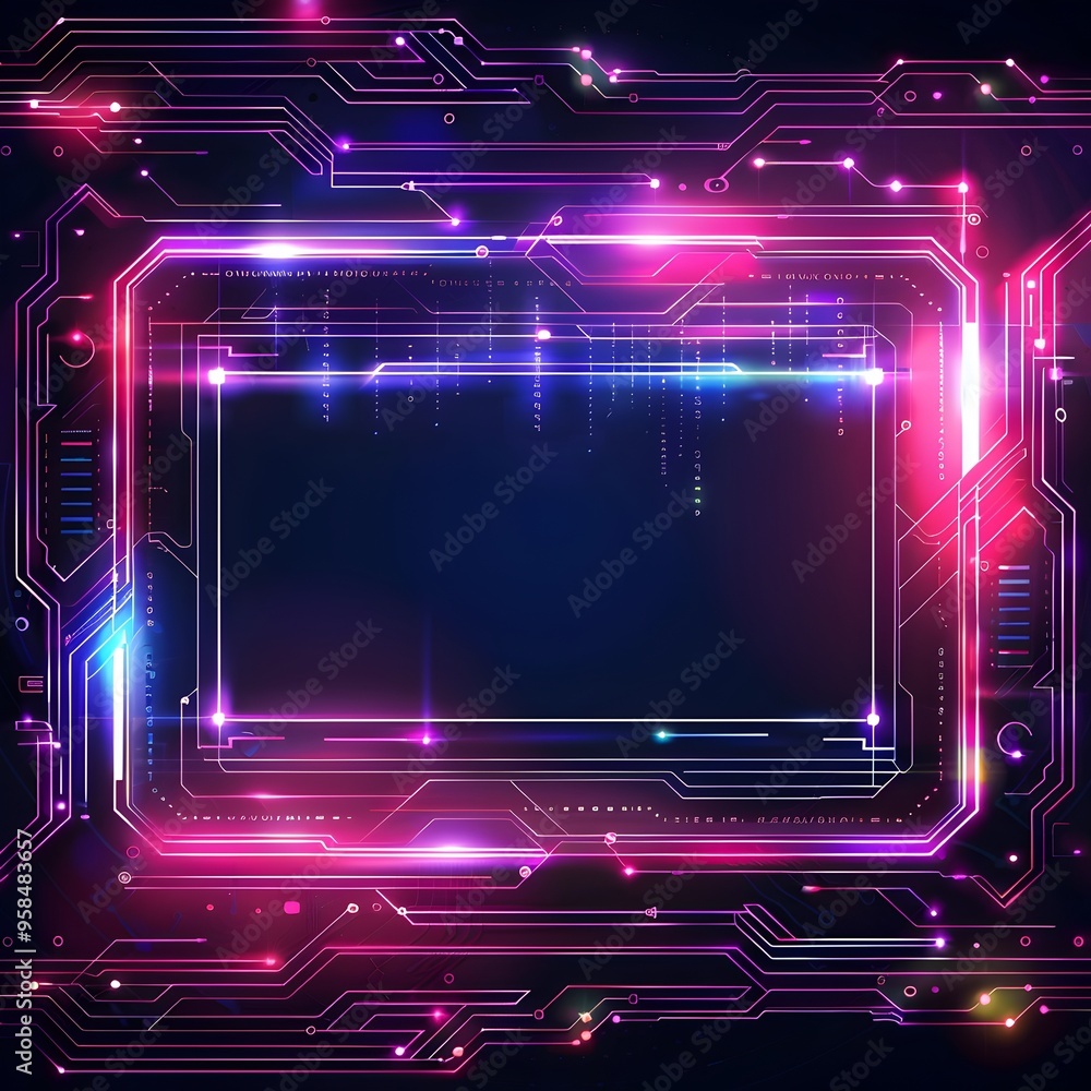 Poster sleek futuristic high tech frame with holographic glowing effects on dark circuit pattern background
