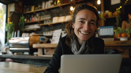 Smiling businesswoman using a laptop in a quiet corner of a coffee shop