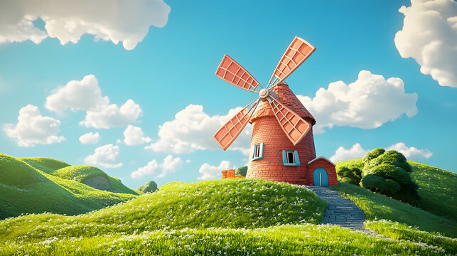 A vibrant 3D cartoon render depicting a charming windmill tower with exaggerated, whimsical elements such as a large, curved roof and oversized blades, set against rolling green hills.