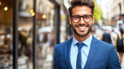 Fototapeta premium A confident man in a suit stands outside, smiling at passersby with shops in the background