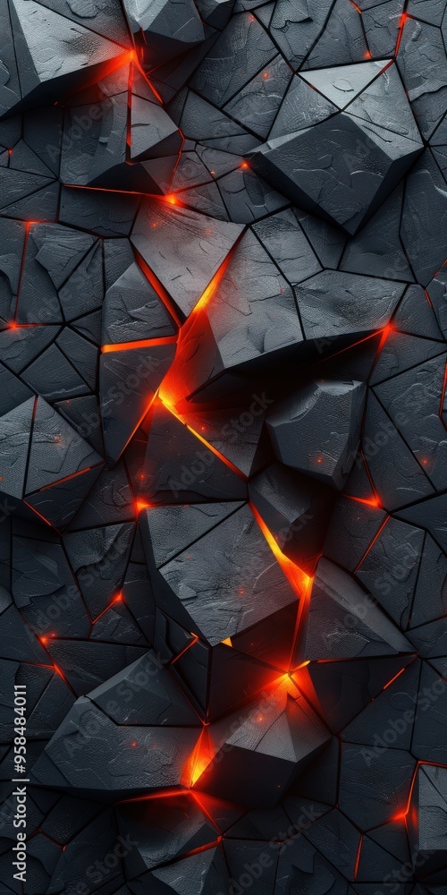 Poster black background with red light, low polygon style, black abstract pattern made of triangular shapes