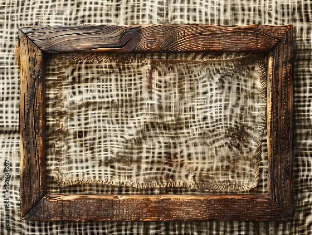 Poster rustic handcrafted wooden frame with raw edge on linen texture background