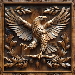 Obraz premium Wood carving 3D image of eagle in frame with depth map