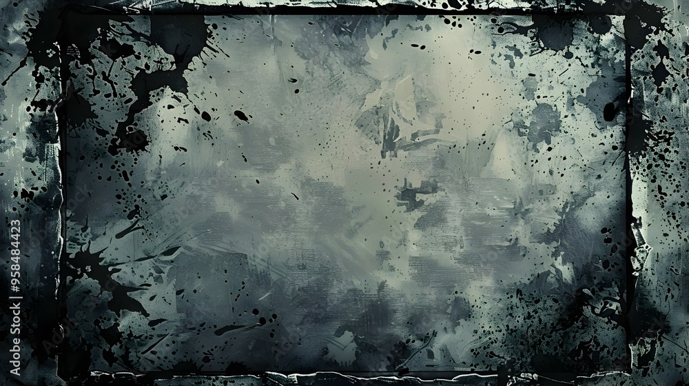 Poster grungy distressed frame with rough edges and splatter effect on moody urban background