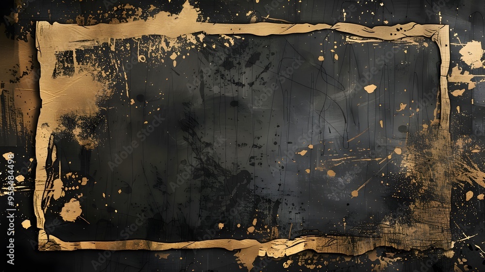 Poster grunge style distressed frame with rough edges and splatter effects on moody urban background