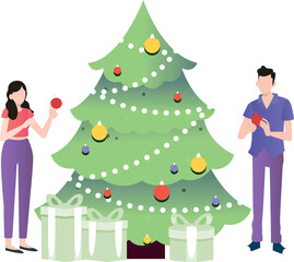 A boy and a girl are decorating a Christmas tree.