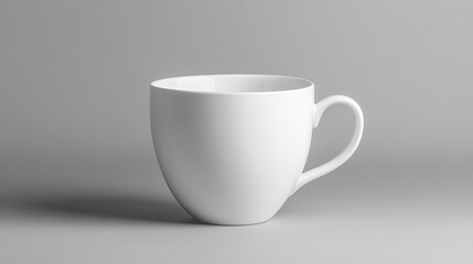 Obraz premium An empty white porcelain drinking cup is displayed from the front against a gray backdrop. The mug is devoid of any design or decoration, exhibiting a minimalist and elegant aesthetic.