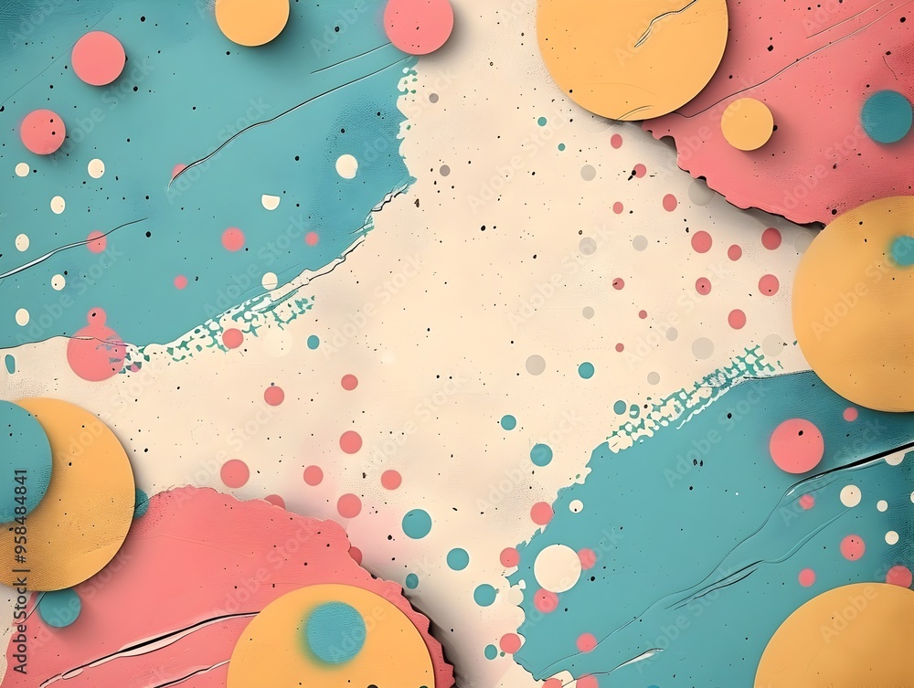 Poster retro pastel polka dot frame on textured paper backdrop with nostalgic and fun concept