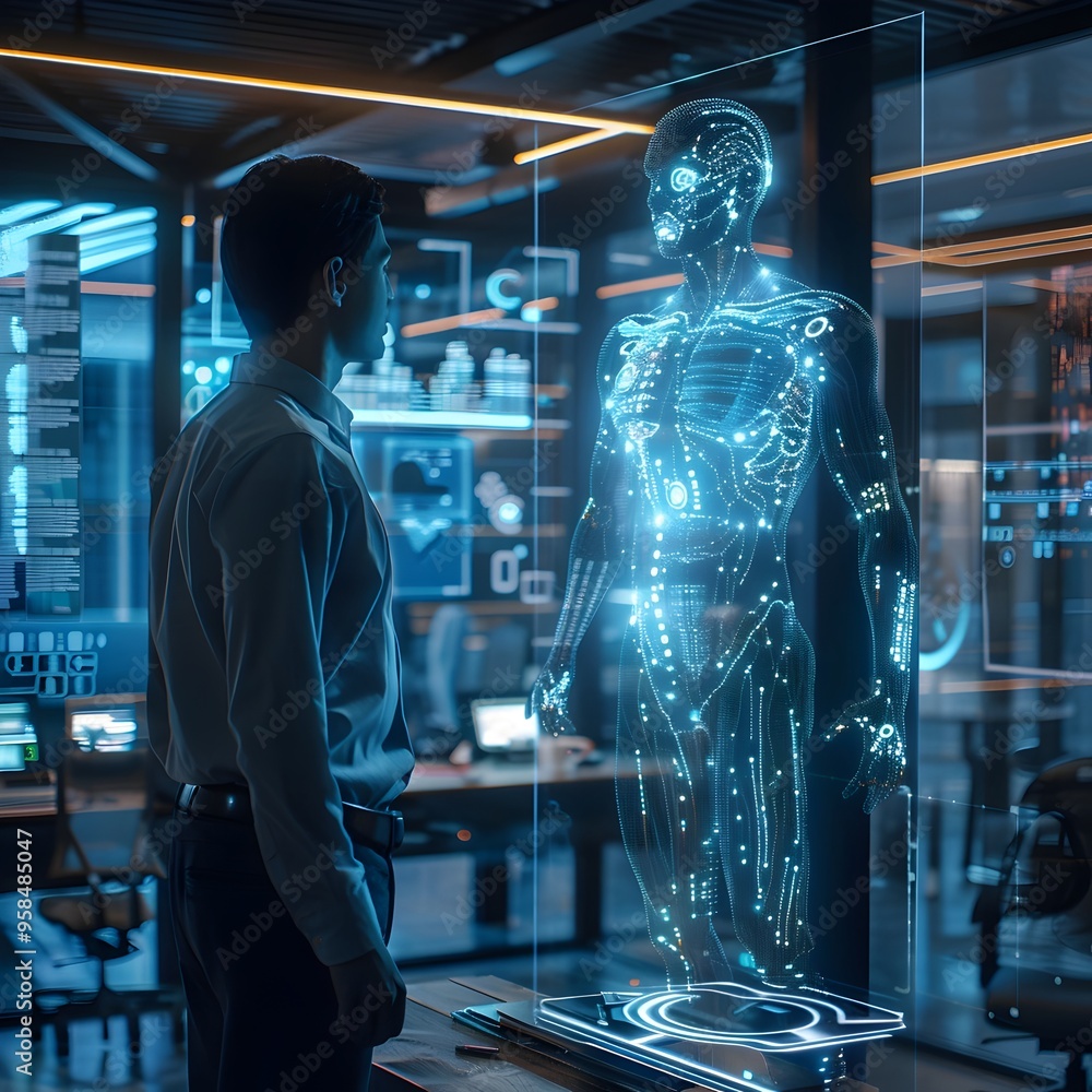 Poster holographic assistant interacting with user in modern office setting