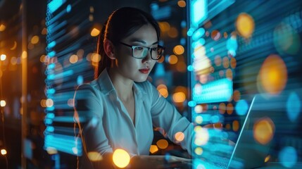 Obraz premium Professional woman looking at data on her laptop, showing concentration