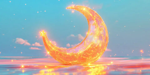 3D rendered crescent moon and star with intricate coral and gold patterns on a soft blue background, Shimmering islamic background