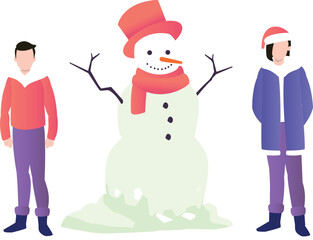 A boy and a girl are standing next to a snowman.