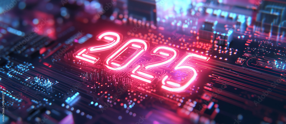Poster new year 2025 digital background with futuristic circuit board structure