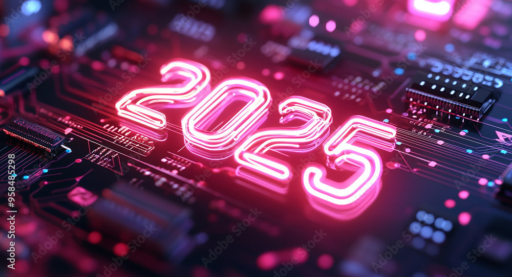 Poster new year 2025 digital background with futuristic circuit board structure