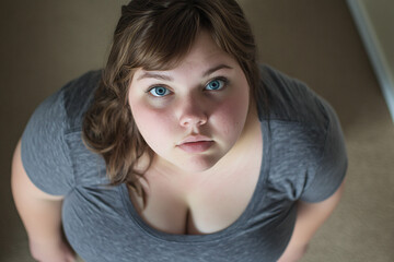 Fototapeta premium A plus-size woman with striking blue eyes gazes upward indoors wearing a grey shirt illuminated by natural lighting