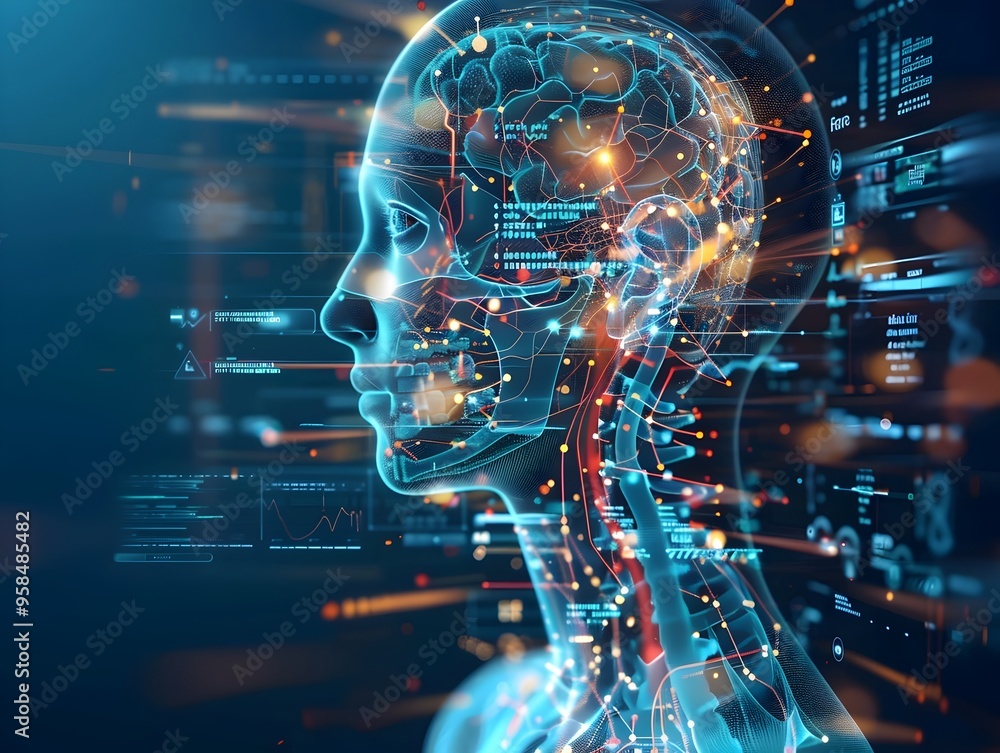 Poster ai driven medical diagnostics with futuristic holographic display and patient data analytics