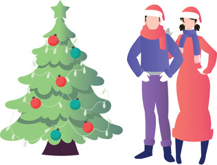 A couple stands near a Christmas tree.