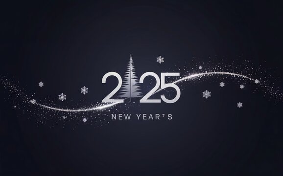 Elegant new year's 2025 design with silver tree and snowflakes on dark background. Modern festive celebration concept. Perfect for holiday banners, invitations, posters with copy space