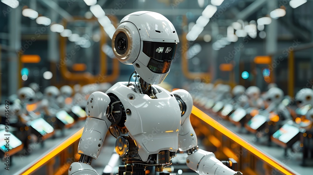 Poster futuristic factory with intelligent robotic arms automating the assembly line