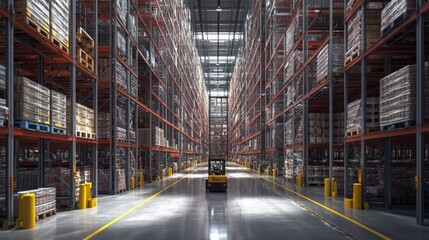 Obraz premium A spacious warehouse showcasing organized stacks of pallets, illuminated by natural light, with a forklift navigating the aisle.