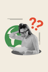 Vertical image collage young shocked woman dilemma questioned read paper document ask what find...