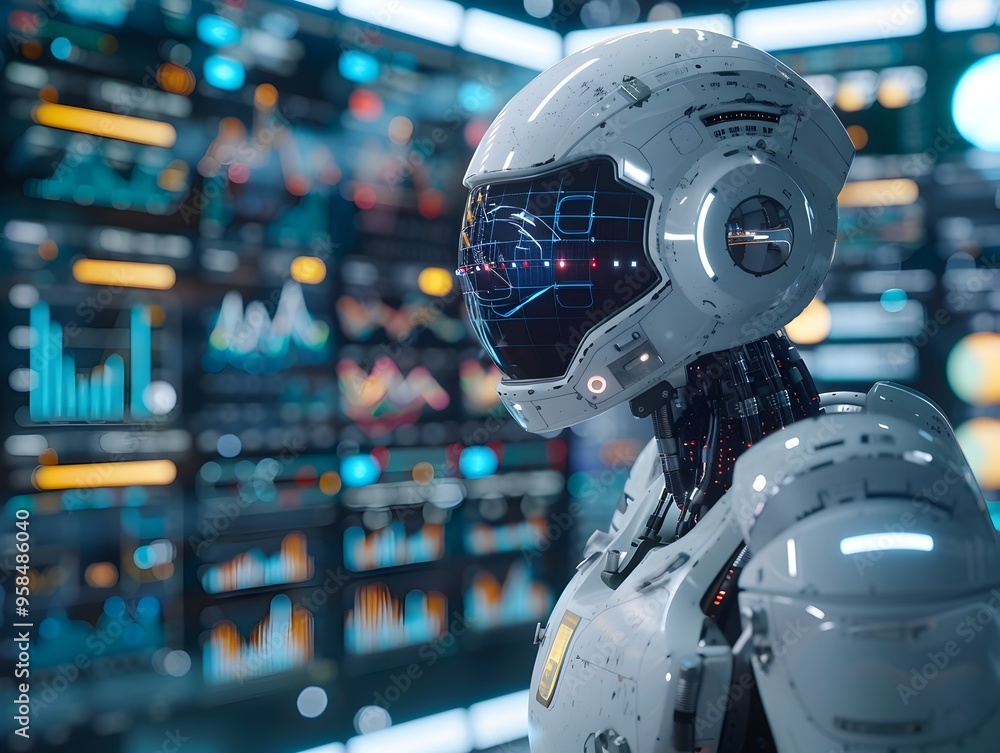 Poster ai powered financial advisor analyzing sophisticated data visualizations in modern futuristic office