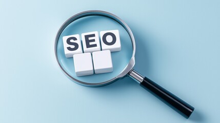 A magnifying glass over blocks spelling SEO, symbolizing the search for optimization techniques in digital marketing.