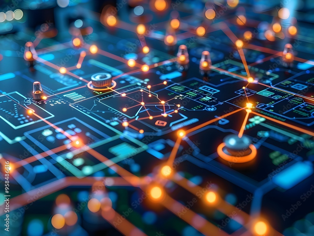 Poster ai optimized smart grid managing energy distribution with detailed digital controls and sustainable 