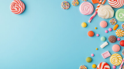 assorted candies on a blue background with ample copy space
