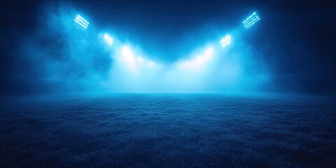 Fototapeta premium The football field is shrouded in mist, with blue floodlights illuminating the area for a night match