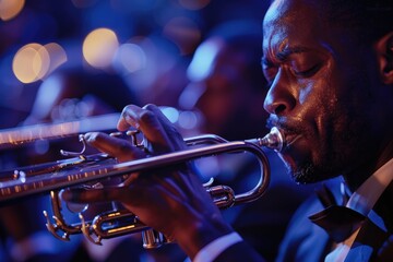 Obraz premium Close-Up of Trumpet Player in a Jazz Band Performance Under Dramatic Lighting