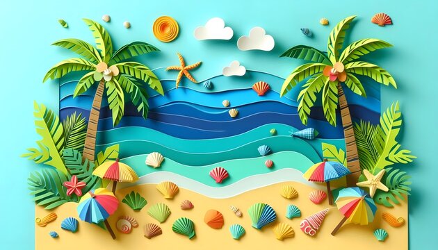A layered paper-cut scene of a seabeach
