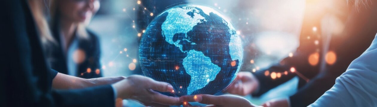 Hands holding a glowing digital globe, symbolizing global connection and collaboration in a modern business environment.
